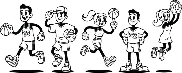 Retro cartoon 90s line art boys and girls playing basketball in energetic poses smiling midair and dribbling front view uniform