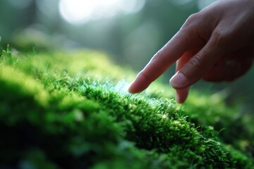 Fototapeta premium Close-up of hand touching vibrant green moss in sunlit forest