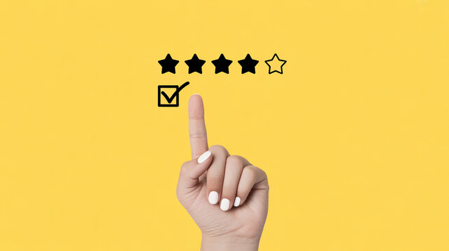 Finger pointing at four out of five stars with a checkmark on a yellow background rating review