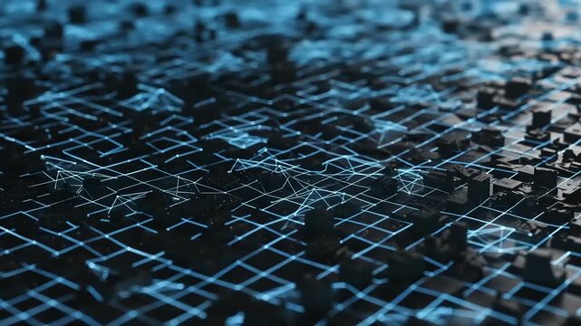 A close-up view of a complex grid structure with fragmented objects scattered across its surface, showcasing a technological landscape.