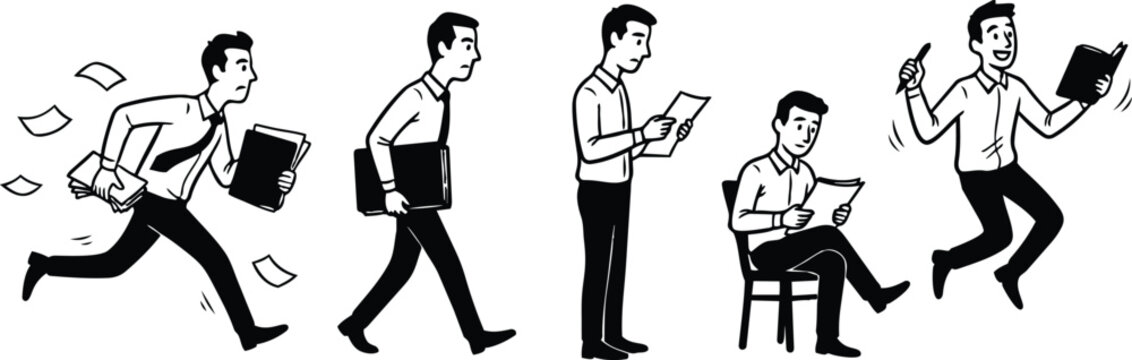 Minimalist line art sequence showing office man running walking reading sitting and jumping with papers and folder low angle cheerful