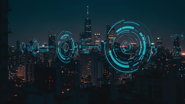 Futuristic cityscape at dusk with digital interface overlay displaying technology and innovation