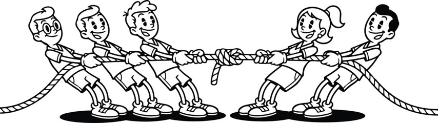 Retro cartoon line art close up tug of war kids three versus two playful competition on white background energetic composition