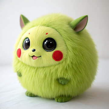 Adorable green plush toy monster with big eyes and blush spots isolated on white