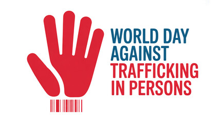 Fototapeta premium World Day Against Trafficking in Persons graphic with a red hand and barcode on a white background Keywords: world day against trafficking in persons, human trafficking