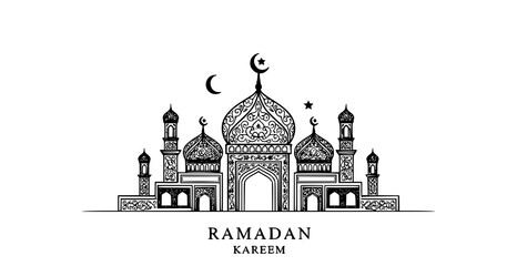 Minimal Islamic mosque outline vector with Ramadan Kareem greeting isolated on white © Mdjillur