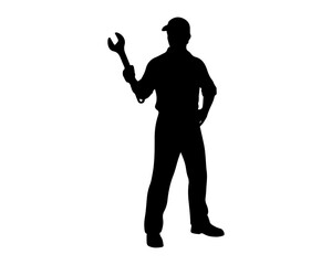 Black Silhouette of Mechanic or Repairman Holding Wrench Icon