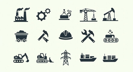 Industrial icons representing manufacturing construction and energy production.