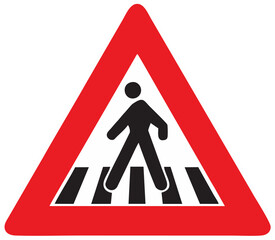 Pedestrian crossing warning sign a black silhouette of a person walking on a zebra crossing isolated on a white background
