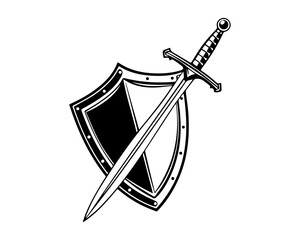 Fototapeta premium Black and White Medieval Sword and Shield Vector Icon or Emblem
