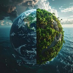 Fototapeta premium A split earth with one side lush and green and the other barren