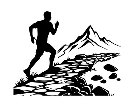 Trail runner silhouette running up rocky mountain path vector illustration