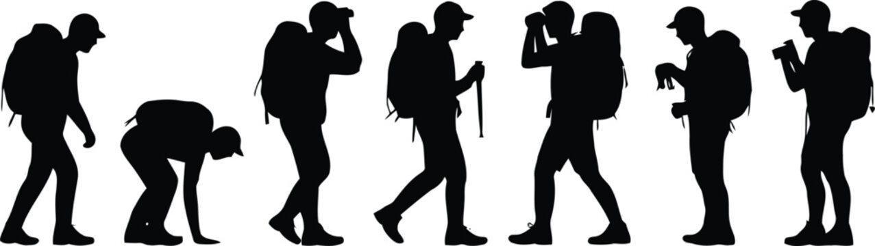 A collection of various male hiker silhouettes displaying different walking and observing poses with backpacks