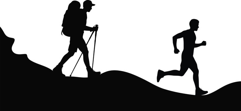 A determined hiker with a large backpack and a fast runner navigating a hilly outdoor environment