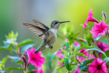 Fototapeta premium Hummingbird flying taken the nectar from the flower.