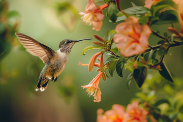 Fototapeta premium Hummingbird flying taken the nectar from the flower.