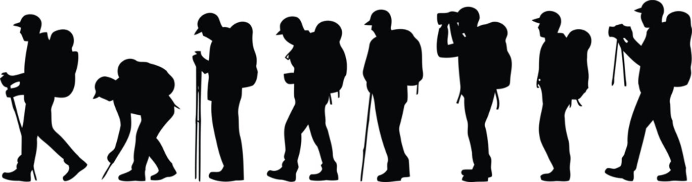 A diverse line of black silhouette hikers with backpacks and walking sticks in different outdoor activities