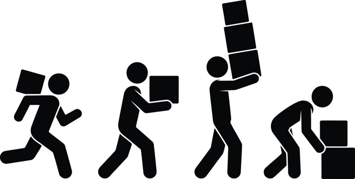 A group of black stick figures performing various actions related to moving small square packages