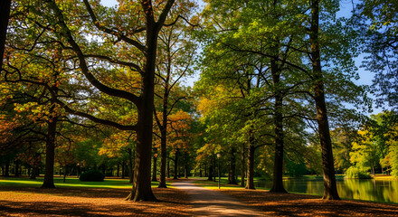 Serene autumn park with vibrant trees and tranquil lake