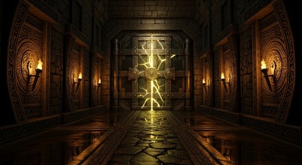 Fototapeta premium Epic Symmetrical View of a Torch Lit Dwarven Treasury Vault Entrance with Golden Light and Water Reflections