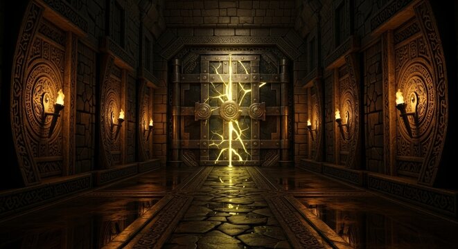 Epic Symmetrical View of a Torch Lit Dwarven Treasury Vault Entrance with Golden Light and Water Reflections
