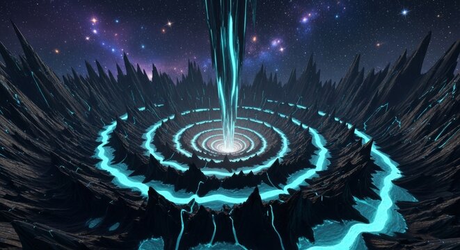 Cosmic Singularity Spiral of Obsidian Spires and Luminous Turquoise Water
