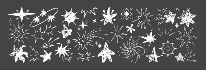 Hand drawing white crayon stars on blackboard. Vector illustration of sketch doodle holiday firework sparks, starburst, shooting comet. Childish pattern chalk glitter sparkle icons, blinking effect © redgreystock