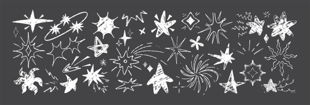 Hand drawing white crayon stars on blackboard. Vector illustration of sketch doodle holiday firework sparks, starburst, shooting comet. Childish pattern chalk glitter sparkle icons, blinking effect