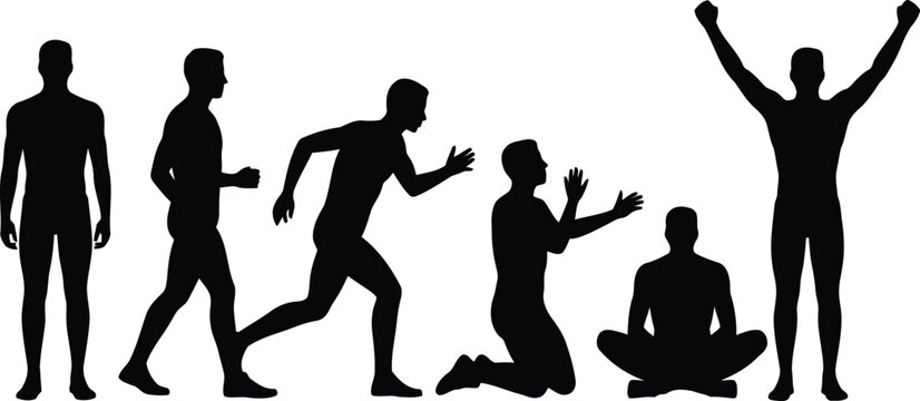 A range of black silhouettes of men demonstrating various actions including standing running and celebrating