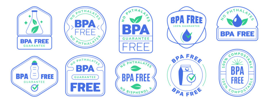 Bpa free guarantee badge logo set. No bisphenol and phthalates blue outline icons for healthy or safety. Eco friendly product label design with water drop, green leaf and tick sign. Non toxic seals