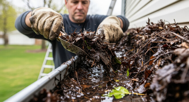 Man clearing clogged gutter filled with leaves and debris during spring cleanup. This image captures essential home maintenance, useful for yard service promotions or DIY home improvement tips.