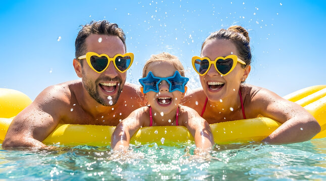 Joyful family with heart-shaped yellow sunglasses and a child in star-shaped blue glasses splashing in a bright blue swimming pool on a sunny summer day.