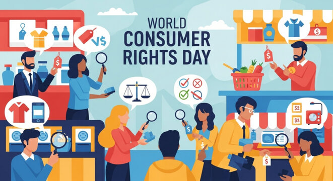 World consumer rights day illustration with people shopping and comparing products