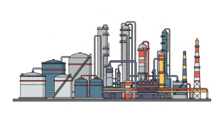 Obraz premium Industrial oil refinery complex with distillation towers and storage tanks.