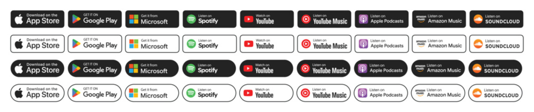 Collection of Google Play Store, Apple App Store and Microsoft Store badges
