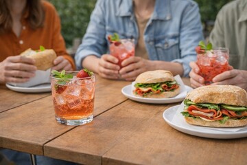 Naklejka premium sparkling strawberry mocktail in glass with ice and mint on picnic table with fresh sandwiches sunny outdoor setting longer lower no alcohol