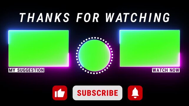 YouTube End Screen Animation with thanks for watching text and cursor animation subscribe,  neon glowing end screen 4k animation.