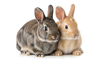 Obraz premium Two adorable rabbits, one grey and one brown, sit together closely in a tender moment, showcasing their cute expressions and fluffy fur