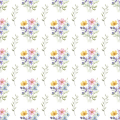 Obraz premium Seamless pattern with pink flowers, repeating paper, background. Floral backdrop for textile, fabric, wallpaper. Hand drawn flowers and leaf.