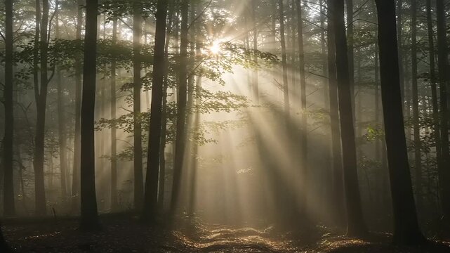 Sunbeams filtering through a serene forest landscape with tall trees and morning mist, viewed from a forest floor perspective