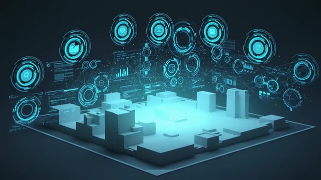3D cityscape illustration with futuristic technology icons and data visualization elements on a digital landscape