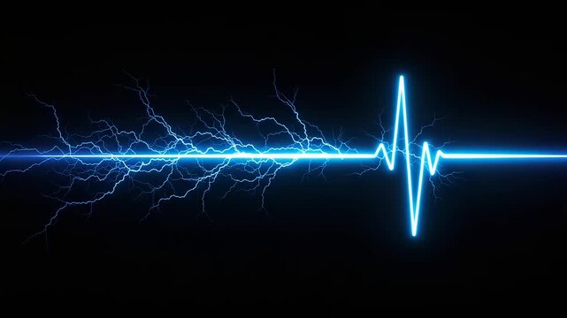 Electricity flowing through a wire with a dramatic heartbeat pulse on a dark background from a close-up view