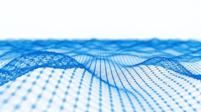 Digital abstract wave pattern flowing through a 3D grid structure viewed from a low angle