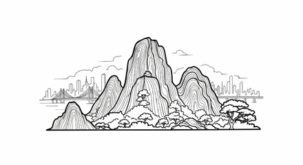 Stylized line art depicts rugged mountains meeting a city skyline with bridges