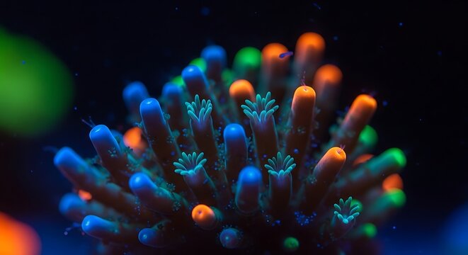 Vibrant Rainbow Acropora Coral Glowing Under Actinic Light.