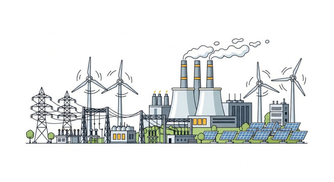 Industrial power generation landscape with wind turbines and power lines.