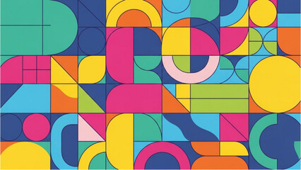 Obraz premium Vibrant geometric shapes in a modern abstract composition, viewed from directly above, showcasing diverse colors and patterns