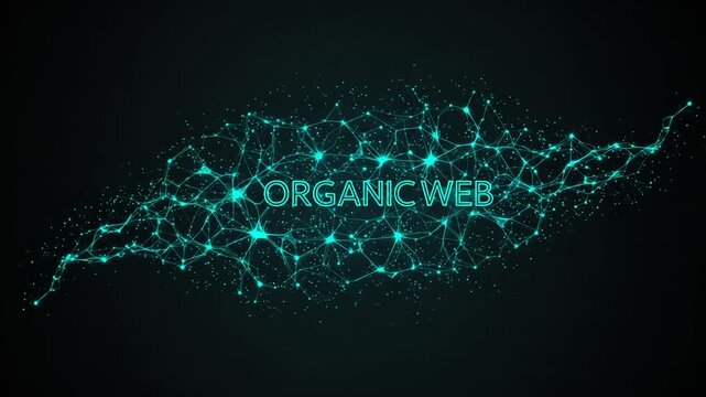 Complex organic web structure visualized through interconnected nodes and lines on a dark background from a top-down viewpoint