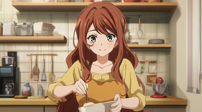 Animated Anime Busty Woman Mixing Cake Batter in Kitchen Wearing Apron and Holding Bowl