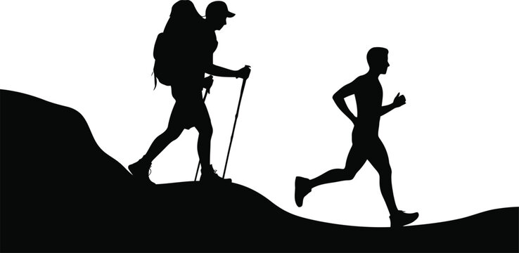 Black silhouettes depict a strenuous hiker climbing a hill with poles and a person running swiftly